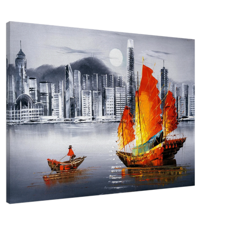 "Crimson Sails Over Silver City" – East Meets Modern Majesty | Wall art Print - Canvas - 70x100 cm / 28x40″ - 