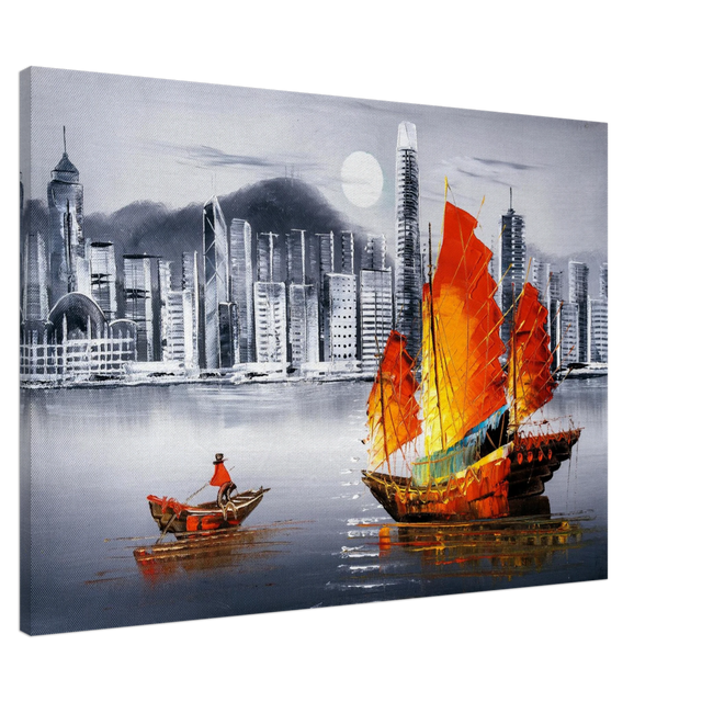 "Crimson Sails Over Silver City" – East Meets Modern Majesty | Wall art Print - Canvas - 70x100 cm / 28x40″ - 