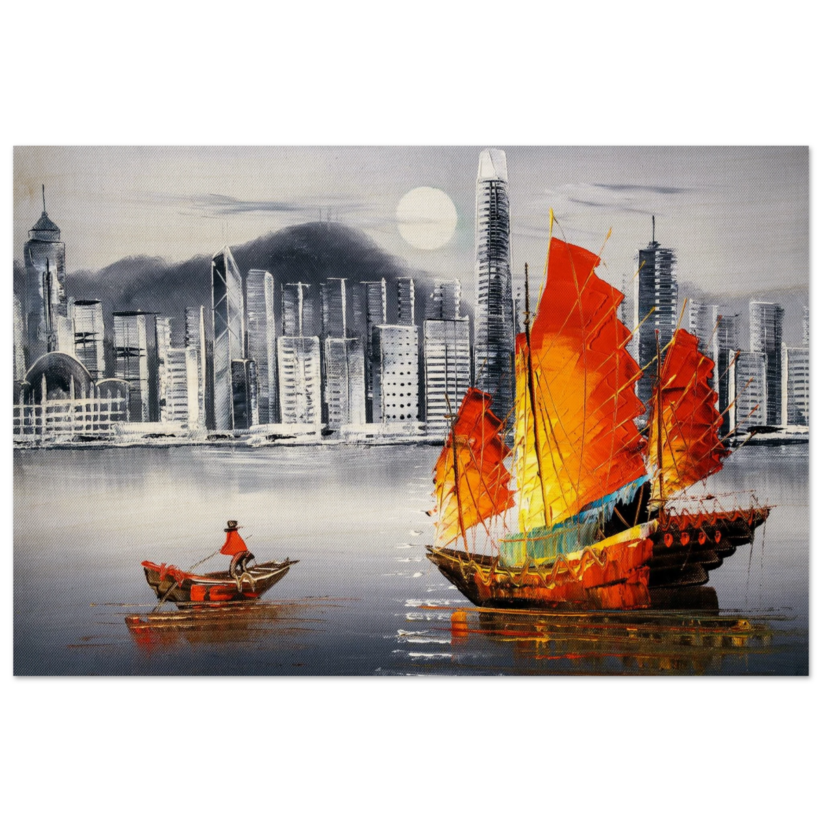 "Crimson Sails Over Silver City" – East Meets Modern Majesty | Wall art Print - Wood Prints - 20x30 cm / 8x12″ - 