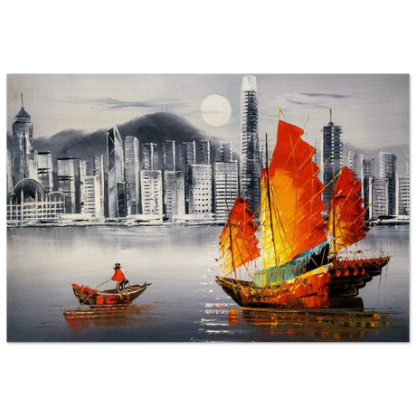 "Crimson Sails Over Silver City" – East Meets Modern Majesty | Wall art Print - Wood Prints - 20x30 cm / 8x12″ - 
