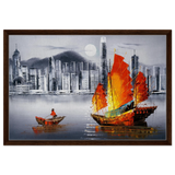 "Crimson Sails Over Silver City" – East Meets Modern Majesty | Wall art Print - Framed Canvas - 50x75 cm / 20x30″ - Dark wood frame