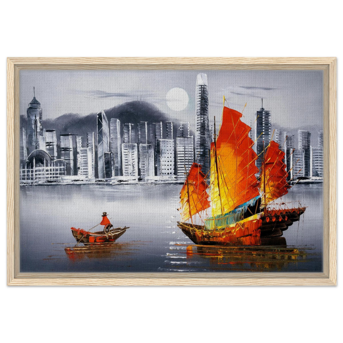 "Crimson Sails Over Silver City" – East Meets Modern Majesty | Wall art Print - Framed Canvas - 40x60 cm / 16x24″ - Wood frame