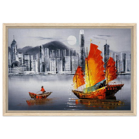 "Crimson Sails Over Silver City" – East Meets Modern Majesty | Wall art Print - Framed Canvas - 40x60 cm / 16x24″ - Wood frame
