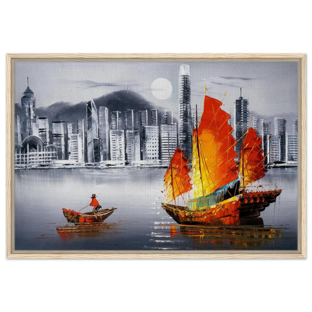 "Crimson Sails Over Silver City" – East Meets Modern Majesty | Wall art Print - Framed Canvas - 60x90 cm / 24x36″ - Wood frame