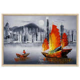 "Crimson Sails Over Silver City" – East Meets Modern Majesty | Wall art Print - Framed Canvas - 60x90 cm / 24x36″ - Wood frame