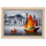 "Crimson Sails Over Silver City" – East Meets Modern Majesty | Wall art Print - Framed Canvas - 20x30 cm / 8x12″ - Wood frame