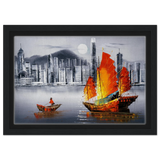 "Crimson Sails Over Silver City" – East Meets Modern Majesty | Wall art Print - Framed Canvas - 20x30 cm / 8x12″ - Black frame