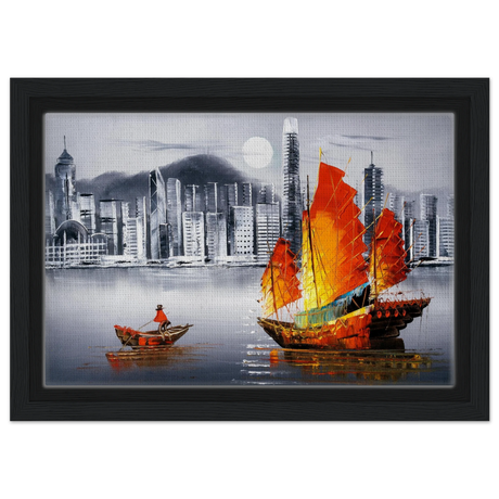 "Crimson Sails Over Silver City" – East Meets Modern Majesty | Wall art Print - Framed Canvas - 20x30 cm / 8x12″ - Black frame