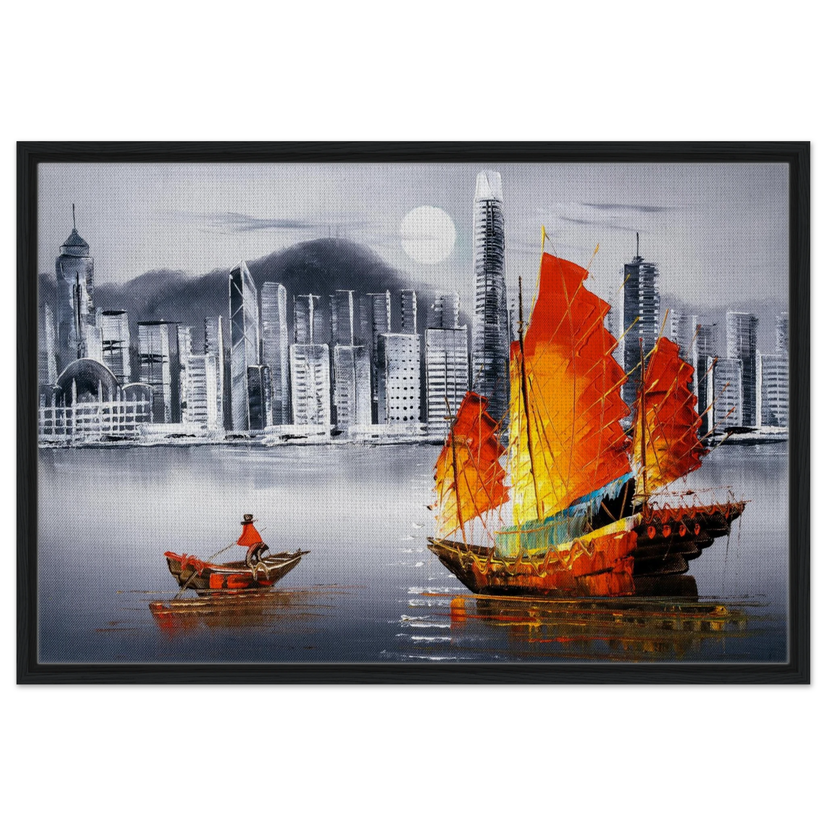 "Crimson Sails Over Silver City" – East Meets Modern Majesty | Wall art Print - Framed Canvas - 60x90 cm / 24x36″ - Black frame