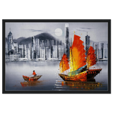 "Crimson Sails Over Silver City" – East Meets Modern Majesty | Wall art Print - Framed Canvas - 60x90 cm / 24x36″ - Black frame