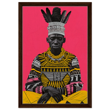 "Crowned in Culture" – Afro - Futurist Tribal Portrait | Wall art Print - Framed Canvas - 40x60 cm / 16x24″ - Dark wood frame
