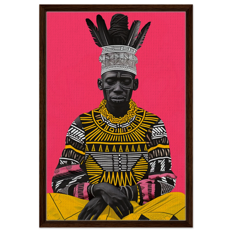 "Crowned in Culture" – Afro - Futurist Tribal Portrait | Wall art Print - Framed Canvas - 50x75 cm / 20x30″ - Dark wood frame