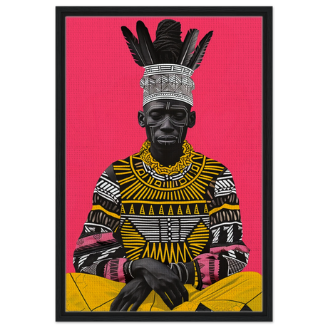 "Crowned in Culture" – Afro - Futurist Tribal Portrait | Wall art Print - Framed Canvas - 50x75 cm / 20x30″ - Black frame