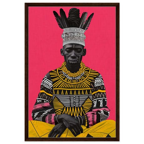 "Crowned in Culture" – Afro - Futurist Tribal Portrait | Wall art Print - Framed Canvas - 60x90 cm / 24x36″ - Dark wood frame