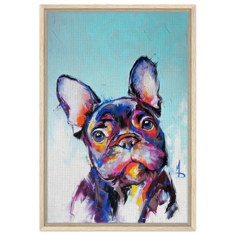 Da Vinci Animal Kingdom Wall art print | Vibrant Frenchie: Colorful Bulldog Art Print - Framed Canvas - 50x75 cm / 20x30″ - Wood frame
