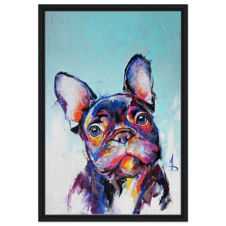Da Vinci Animal Kingdom Wall art print | Vibrant Frenchie: Colorful Bulldog Art Print - Framed Canvas - 50x75 cm / 20x30″ - Black frame
