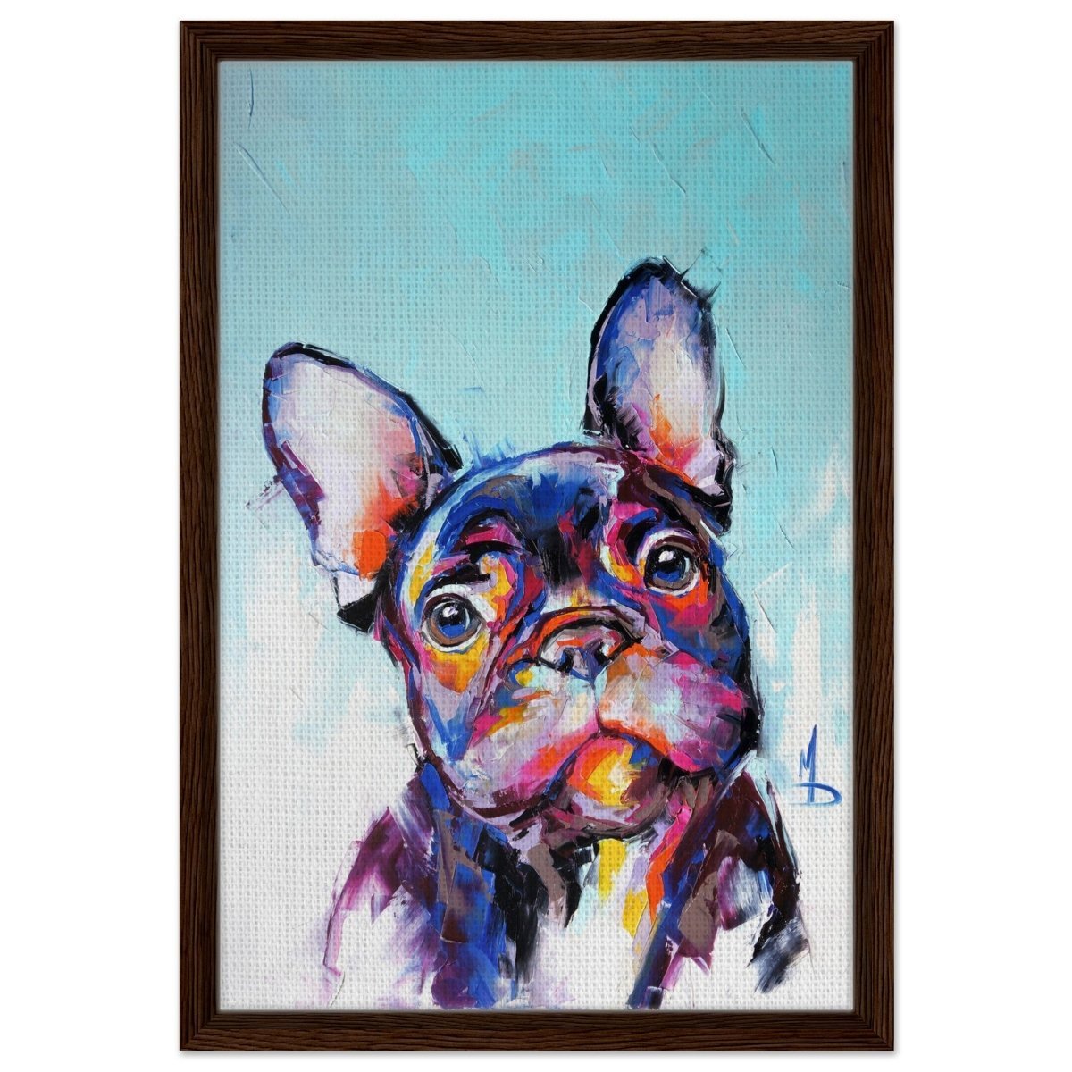 Da Vinci Animal Kingdom Wall art print | Vibrant Frenchie: Colorful Bulldog Art Print - Framed Canvas - 40x60 cm / 16x24″ - Dark wood frame