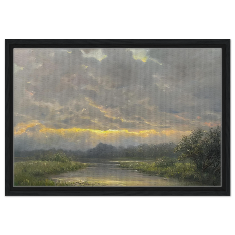 "Dawn’s Embrace" Tranquil Riverland Landscape Wall Art Print - Framed Canvas - 40x60 cm / 16x24″ - Black frame