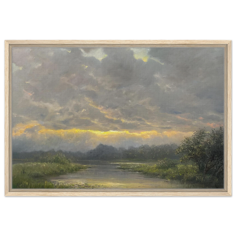 "Dawn’s Embrace" Tranquil Riverland Landscape Wall Art Print - Framed Canvas - 50x75 cm / 20x30″ - Wood frame