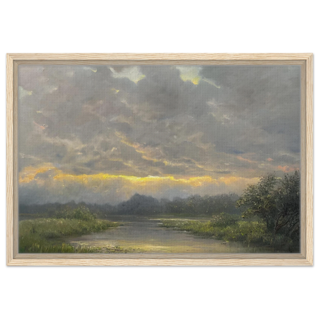 "Dawn’s Embrace" Tranquil Riverland Landscape Wall Art Print - Framed Canvas - 40x60 cm / 16x24″ - Wood frame