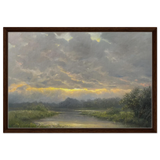 "Dawn’s Embrace" Tranquil Riverland Landscape Wall Art Print - Framed Canvas - 50x75 cm / 20x30″ - Dark wood frame
