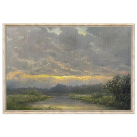 "Dawn’s Embrace" Tranquil Riverland Landscape Wall Art Print - Framed Canvas - 60x90 cm / 24x36″ - Wood frame