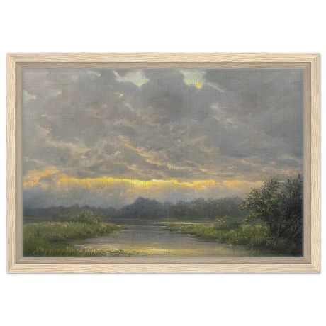 "Dawn’s Embrace" Tranquil Riverland Landscape Wall Art Print - Framed Canvas - 30x45 cm / 12x18″ - Wood frame