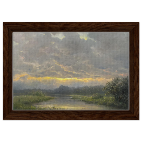 "Dawn’s Embrace" Tranquil Riverland Landscape Wall Art Print - Framed Canvas - 20x30 cm / 8x12″ - Dark wood frame