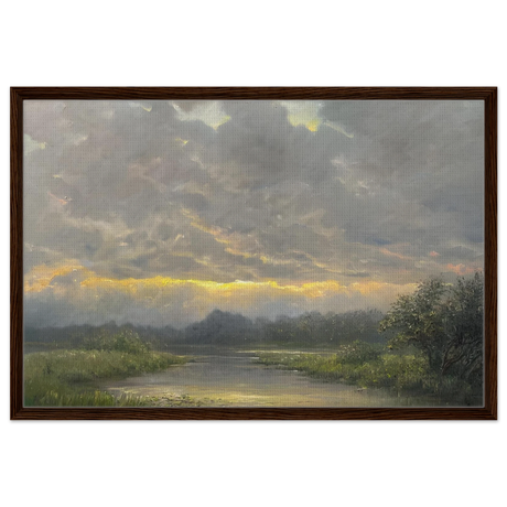 "Dawn’s Embrace" Tranquil Riverland Landscape Wall Art Print - Framed Canvas - 60x90 cm / 24x36″ - Dark wood frame
