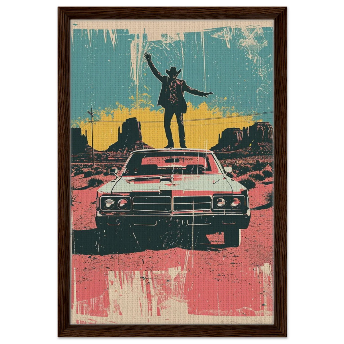 "Desert Swagger" – Retro Western Pop Art Print - Framed Canvas - 40x60 cm / 16x24″ - Dark wood frame
