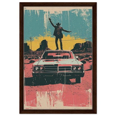 "Desert Swagger" – Retro Western Pop Art Print - Framed Canvas - 40x60 cm / 16x24″ - Dark wood frame