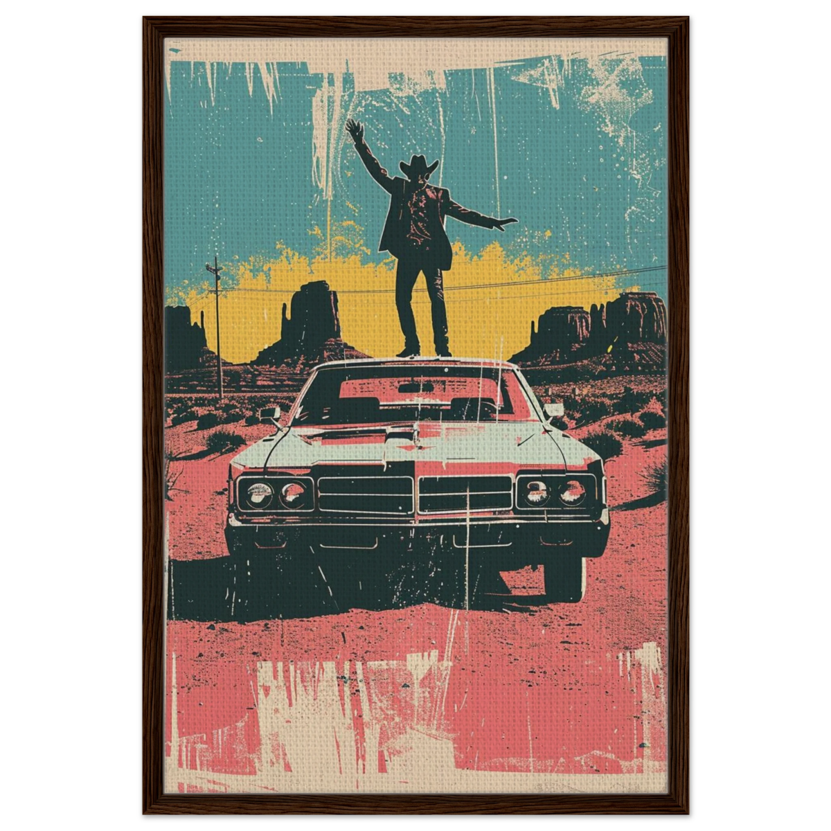 "Desert Swagger" – Retro Western Pop Art Print - Framed Canvas - 60x90 cm / 24x36″ - Dark wood frame