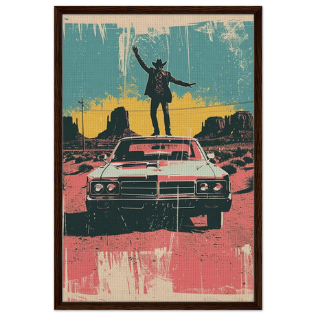 "Desert Swagger" – Retro Western Pop Art Print - Framed Canvas - 60x90 cm / 24x36″ - Dark wood frame