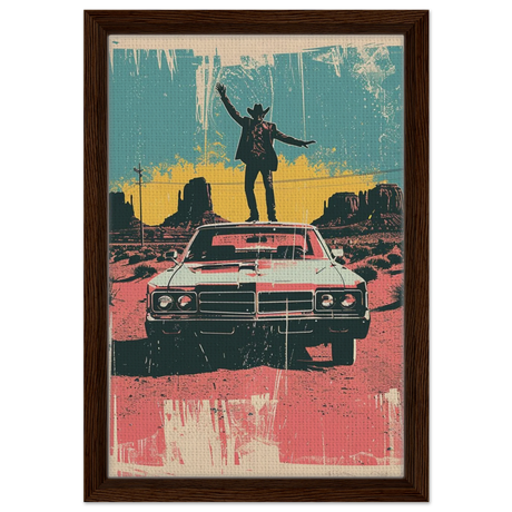 "Desert Swagger" – Retro Western Pop Art Print - Framed Canvas - 30x45 cm / 12x18″ - Dark wood frame