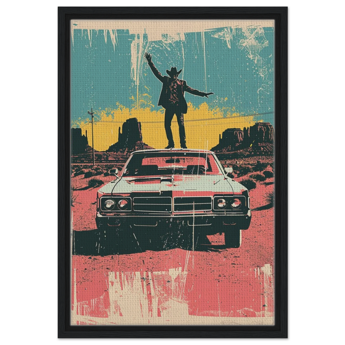"Desert Swagger" – Retro Western Pop Art Print - Framed Canvas - 40x60 cm / 16x24″ - Black frame