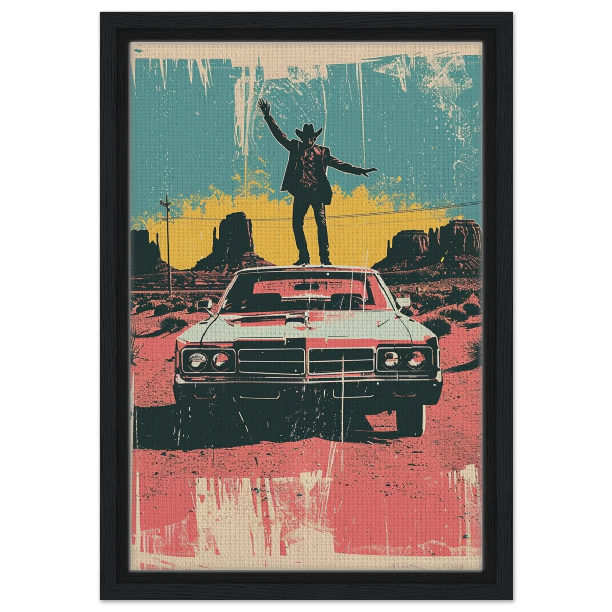 "Desert Swagger" – Retro Western Pop Art Print - Framed Canvas - 30x45 cm / 12x18″ - Black frame