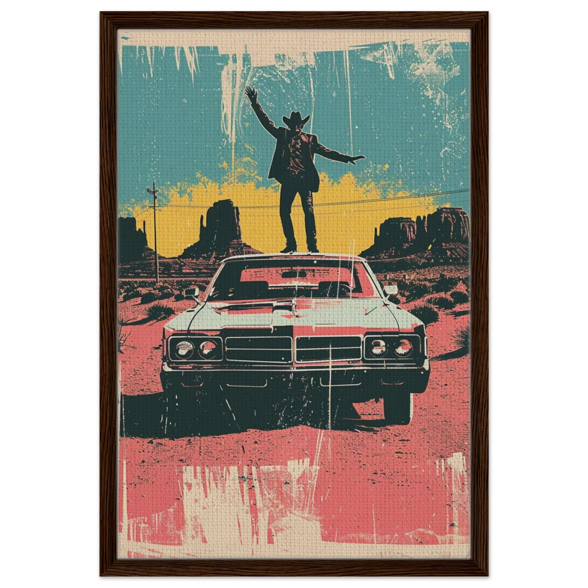 "Desert Swagger" – Retro Western Pop Art Print - Framed Canvas - 50x75 cm / 20x30″ - Dark wood frame