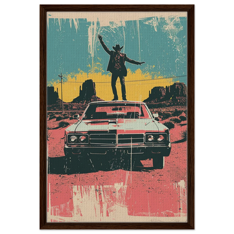 "Desert Swagger" – Retro Western Pop Art Print - Framed Canvas - 50x75 cm / 20x30″ - Dark wood frame
