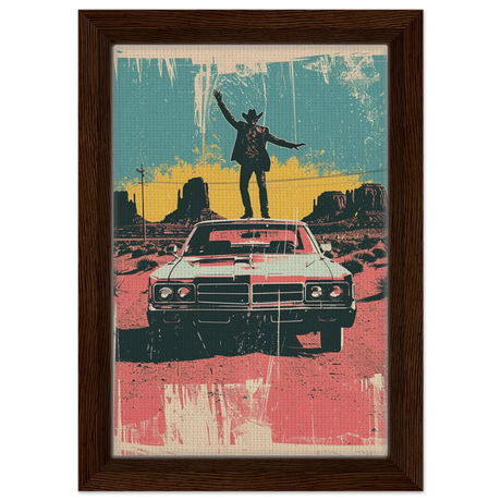 "Desert Swagger" – Retro Western Pop Art Print - Framed Canvas - 20x30 cm / 8x12″ - Dark wood frame