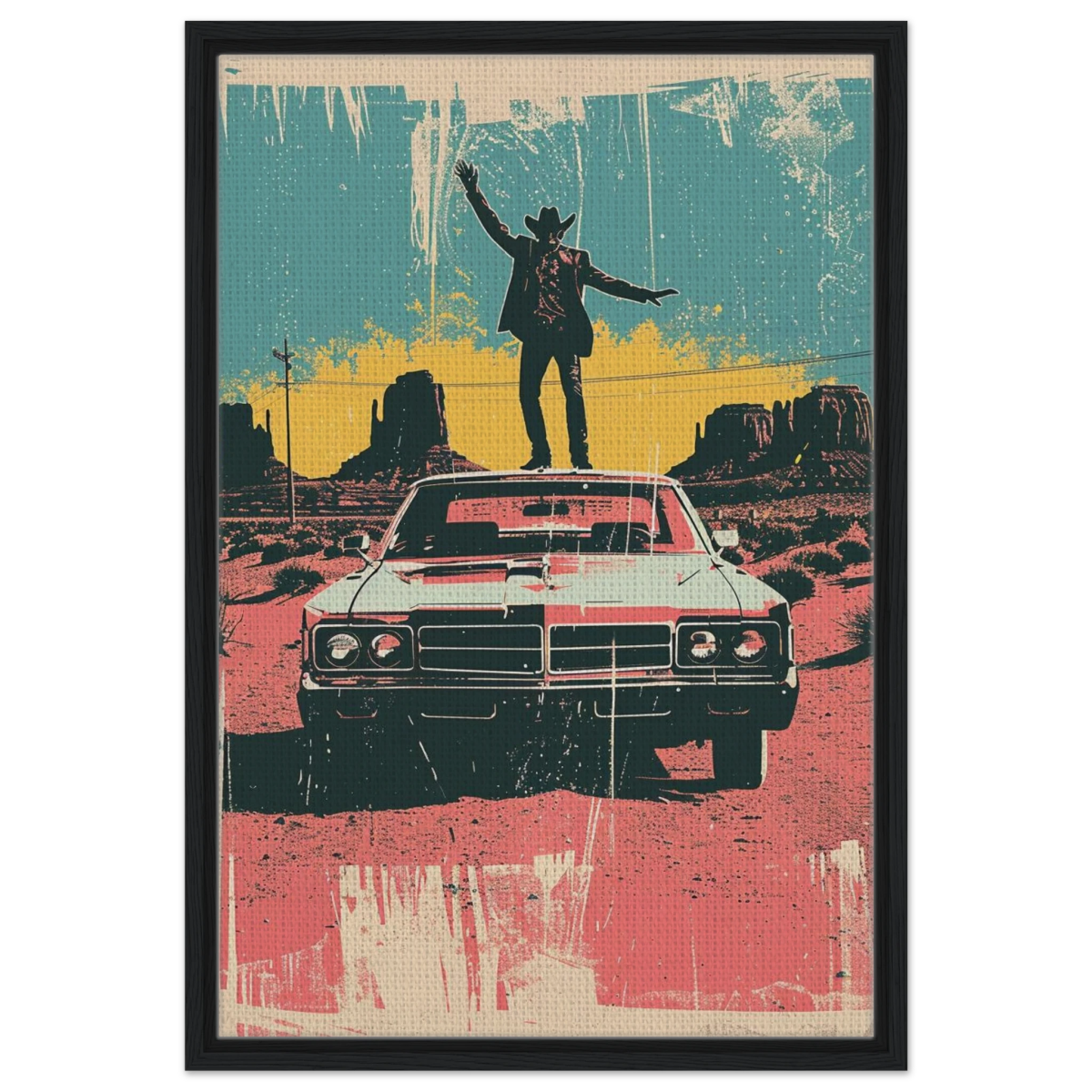 "Desert Swagger" – Retro Western Pop Art Print - Framed Canvas - 50x75 cm / 20x30″ - Black frame