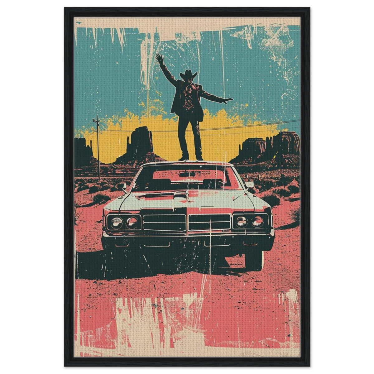 "Desert Swagger" – Retro Western Pop Art Print - Framed Canvas - 60x90 cm / 24x36″ - Black frame