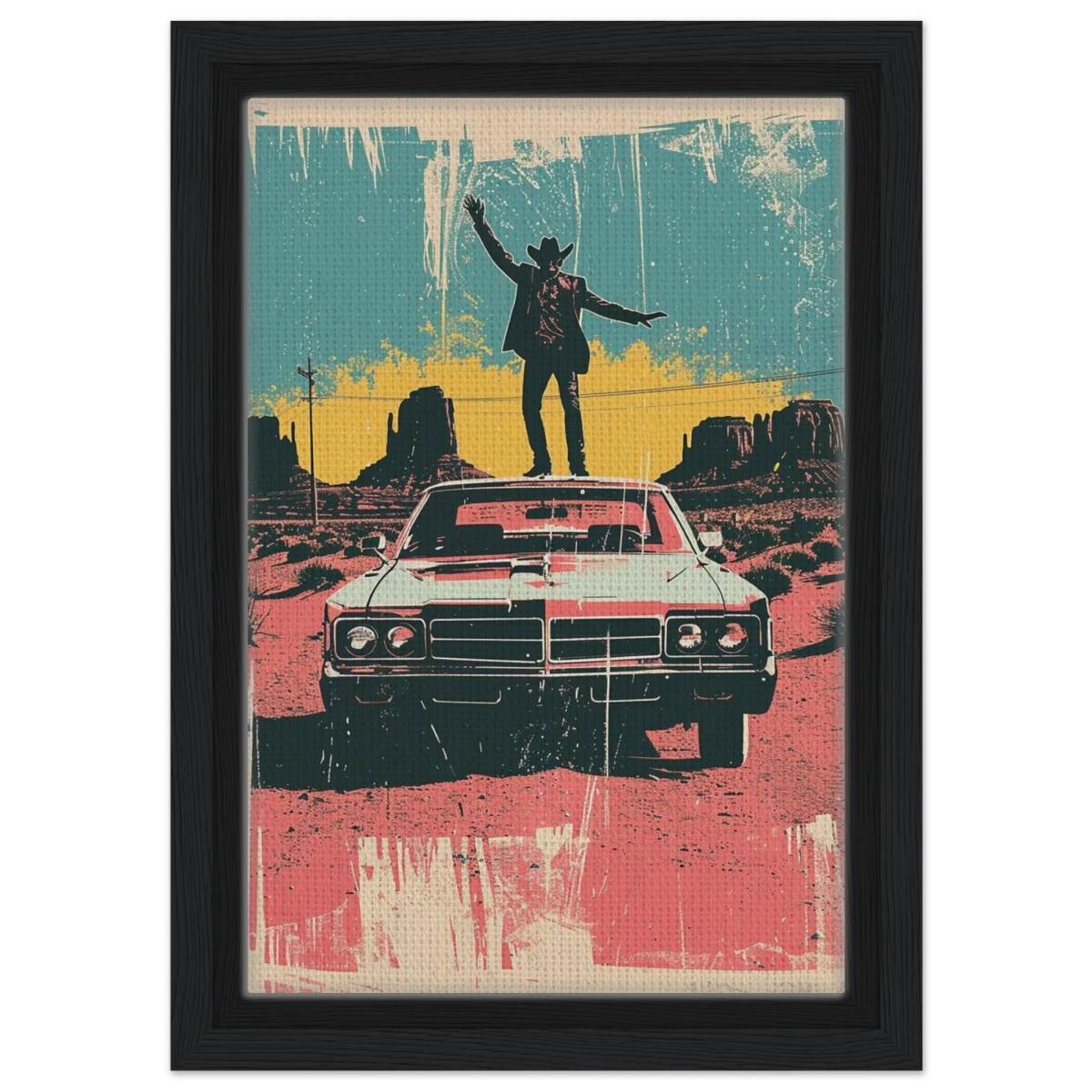 "Desert Swagger" – Retro Western Pop Art Print - Framed Canvas - 20x30 cm / 8x12″ - Black frame