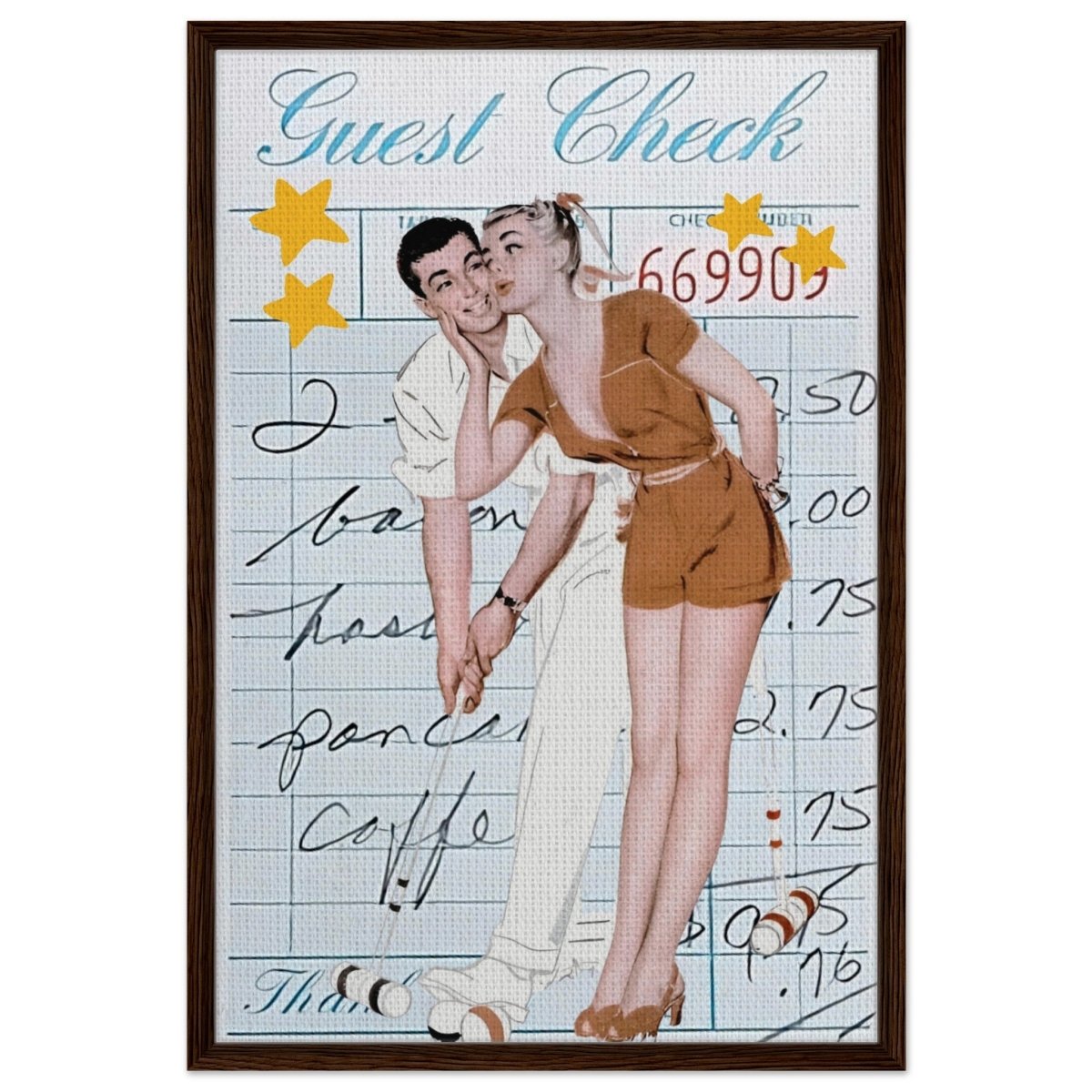 Digital Pop Art wall art print | Guest Check V02 - Framed Canvas - 60x90 cm / 24x36″ - Dark wood frame