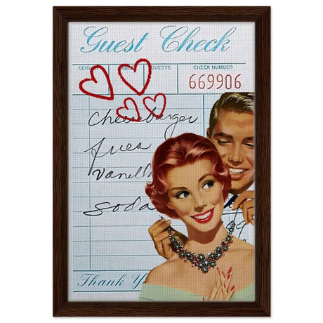 Digital Pop Art wall art print | Guest Check V05 - Framed Canvas - 30x45 cm / 12x18″ - Dark wood frame