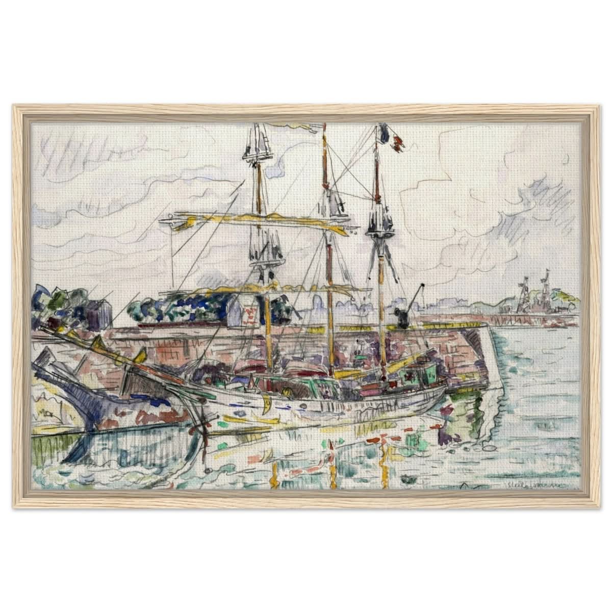 Docks at Saint Malo (1927) by Paul Signac | Vintage wall art print - Framed Canvas - 50x75 cm / 20x30″ - Wood frame