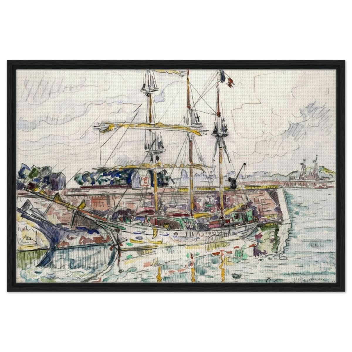 Docks at Saint Malo (1927) by Paul Signac | Vintage wall art print - Framed Canvas - 60x90 cm / 24x36″ - Black frame