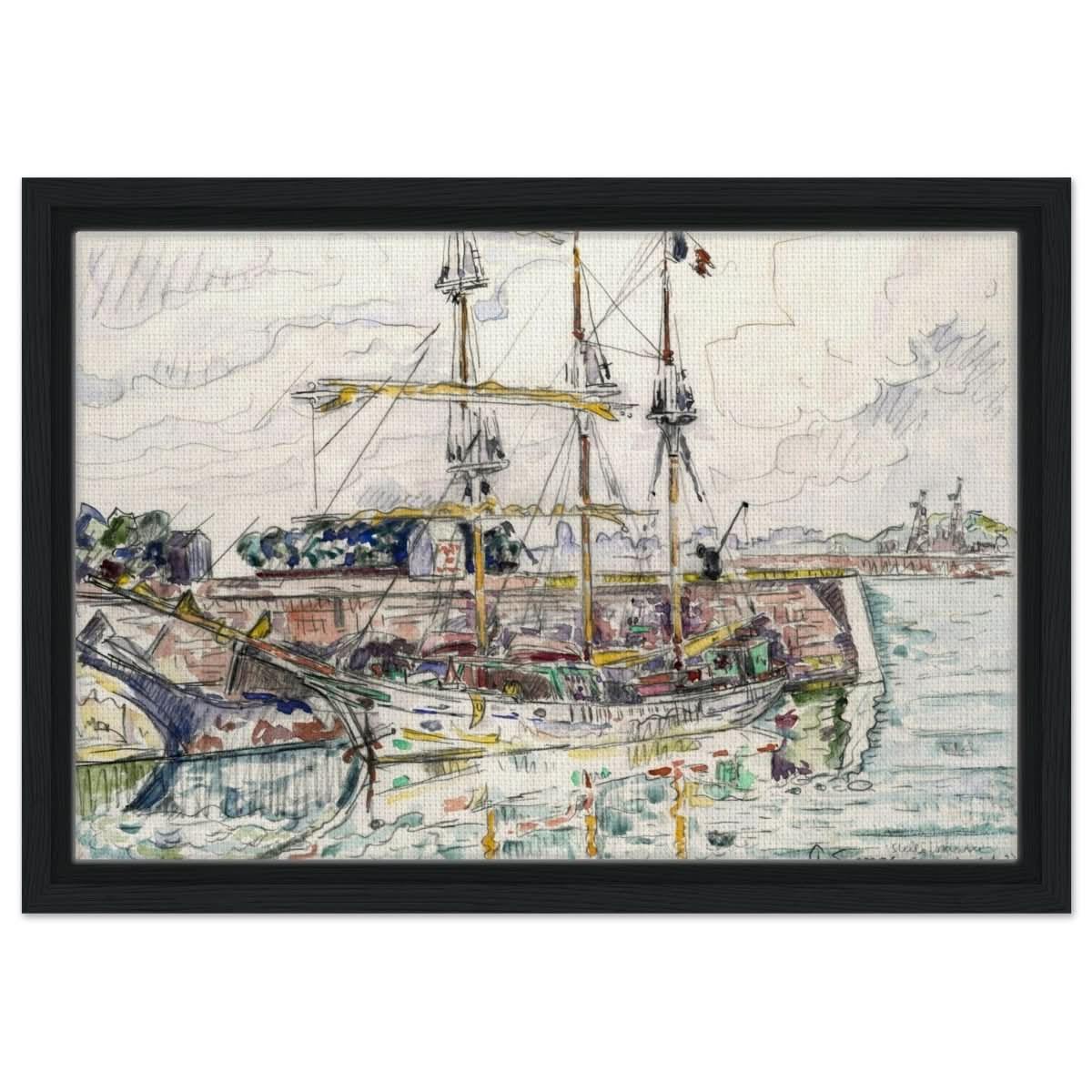 Docks at Saint Malo (1927) by Paul Signac | Vintage wall art print - Framed Canvas - 30x45 cm / 12x18″ - Black frame