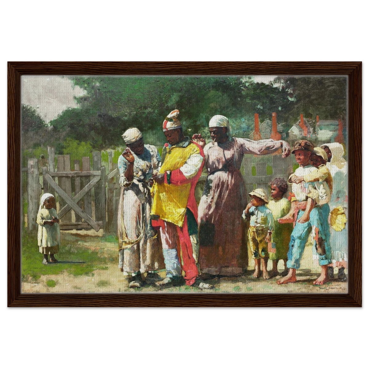"Dressing for the Carnival" – Historical Americana Wall Art Print by Winslow Homer - Framed Canvas - 40x60 cm / 16x24″ - Dark wood frame
