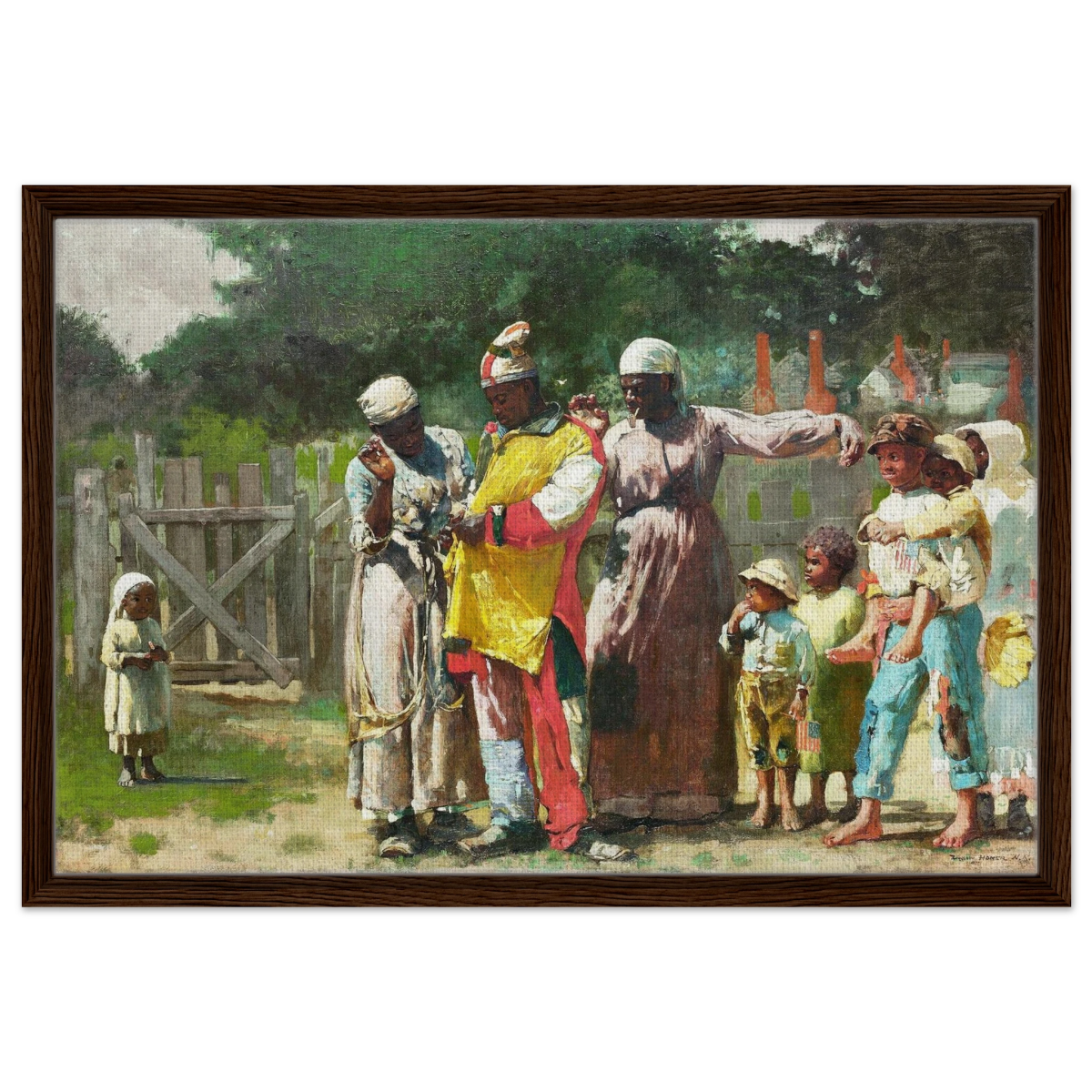 "Dressing for the Carnival" – Historical Americana Wall Art Print by Winslow Homer - Framed Canvas - 50x75 cm / 20x30″ - Dark wood frame