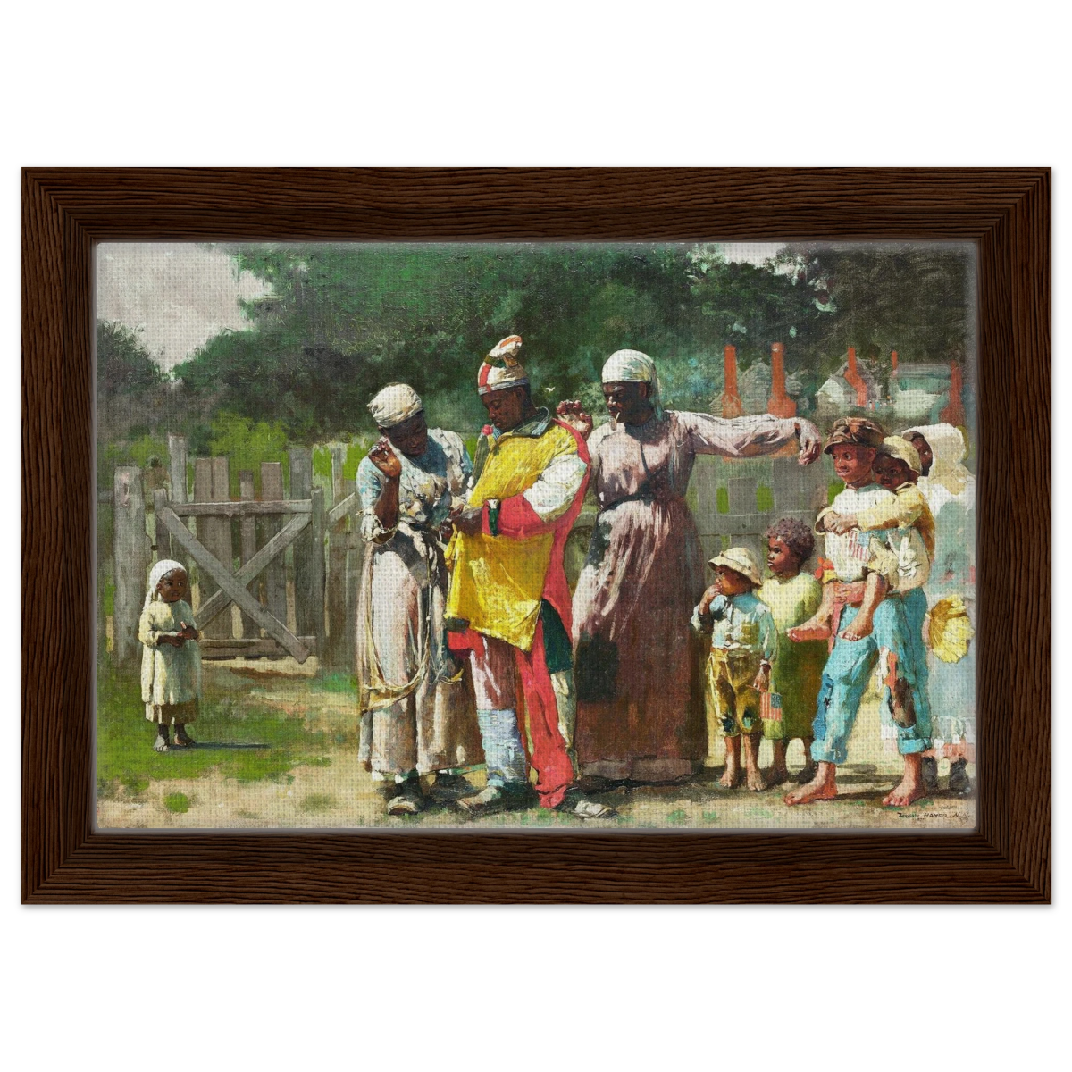 "Dressing for the Carnival" – Historical Americana Wall Art Print by Winslow Homer - Framed Canvas - 20x30 cm / 8x12″ - Dark wood frame